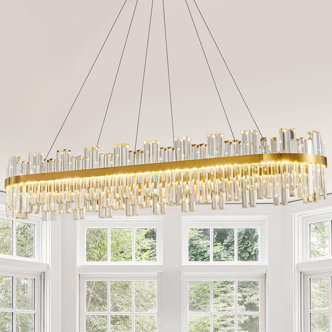 Gold Led Modern Crystal Chandelier, Rectangle Linear Dining Room Chandelier | 52" Large Luxury Rectangular Dining Room Light Fixture over Table,3 Color Dimmable Contemporary Chandelier for Living Room