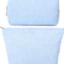 SOIDRAM 2 Pieces Makeup Bag Large Corduroy Cosmetic Bag Capacity Canvas Mix Travel Toiletry Bag Organizer Cute Makeup Brushes Aesthetic Accessories Storage Bag for Women, Corduroy Mix Blue