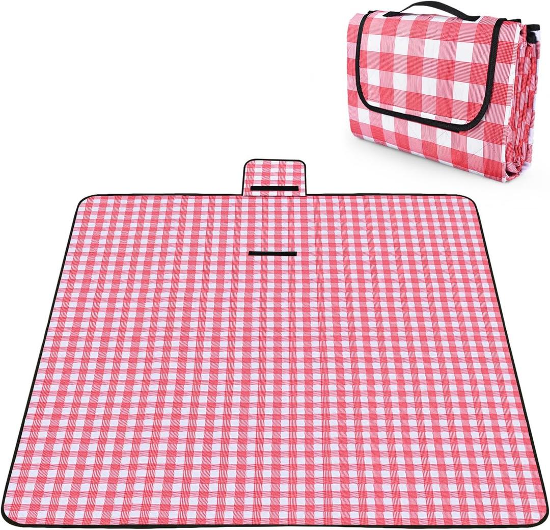 OBTANIM Extra Large Picnic Blanket 80 x 80 Inch Waterproof Foldable Beach Blankets Outdoor Picnic Mat for Camping Grass Lawn Park Music Festival Party Accessories (Red and White)