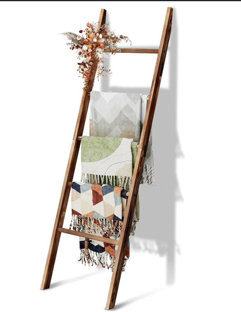 Blanket Ladder for Living Room 5-Tier Blanket Holder with Light, Wall-Leaning Blanket Rack, Ladder Shelves, Wooden Quilt Ladder, Farmhouse Decor for Bedroom Bathroom Home Decor (Brown)