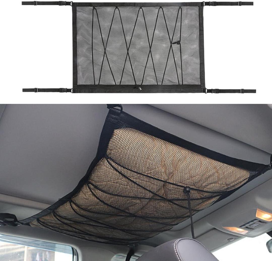 35.4"25.6" Car Ceiling Cargo Net - Adjustable Buckle Car Roof Mesh Storage Organizer- Double Layer Roof Cargo Pocket Auto Roof Cargo Storage Net for Car SUV Camping Road Trip Essentials (35.4"25.6")