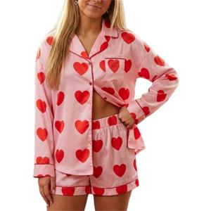 Thopavenoir Women's Valentine's Day Pajamas Satin Silk Pjs Cute 2 Piece Long Sleeve Button Down Shirt Lounge Shorts Sets (Medium)