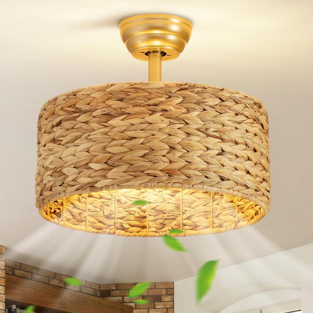 Boho Fandelier Ceiling Fans with Lights, Rattan Chandelier Fan Gold Caged Ceiling Fan with Light Remote, Flush Mount Chandelier Ceiling Fan with 6 Speeds Fandelier for Bedroom, Living Room,Kitchen, 17.7inch
