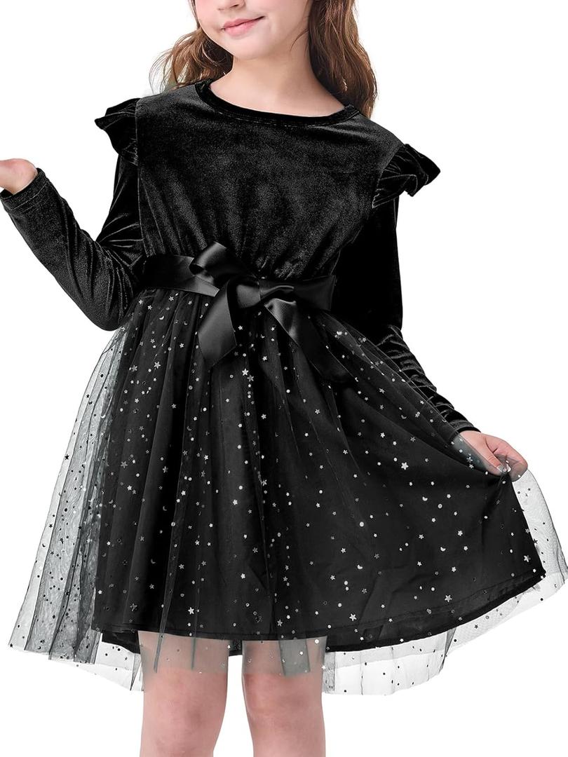 Toddler Girl Tutu Dress Long Sleeve Star Sequin Bowknot Velvet Party Tulle Dresses Princess Birthday for 2-8 Y (Black)