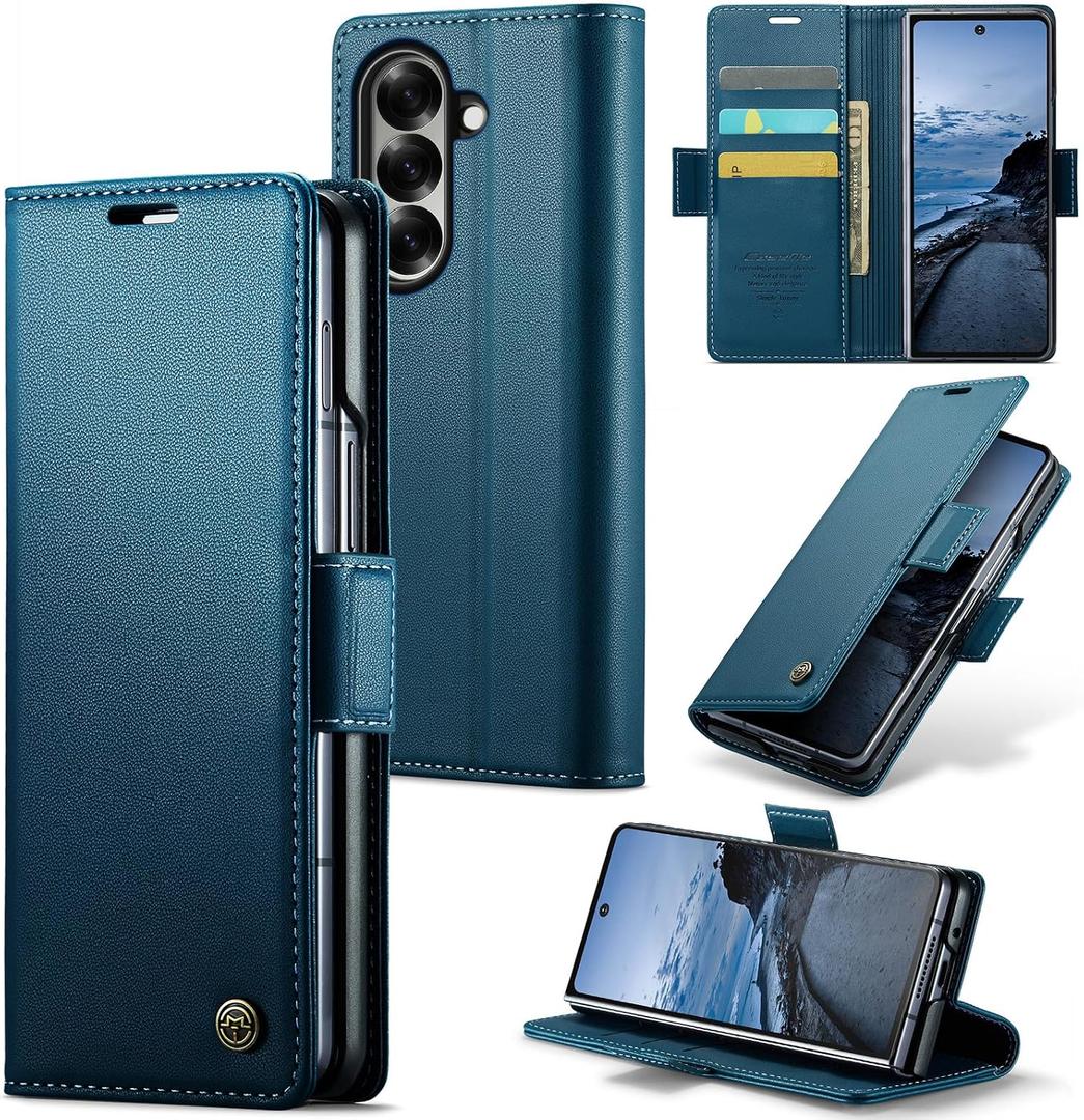 Wallet Case for Samsung Galaxy Z Fold 7, Blue | Card Holder, Premium PU Leather, RFID Blocking, Kickstand, Flip Phone Cover