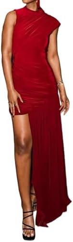 Kwunbwa Women's Sleeveless Ruched Maxi Dress Sexy Irregular Bodycon Casual Elegant Club Party Cocktail Long Dresses Size L