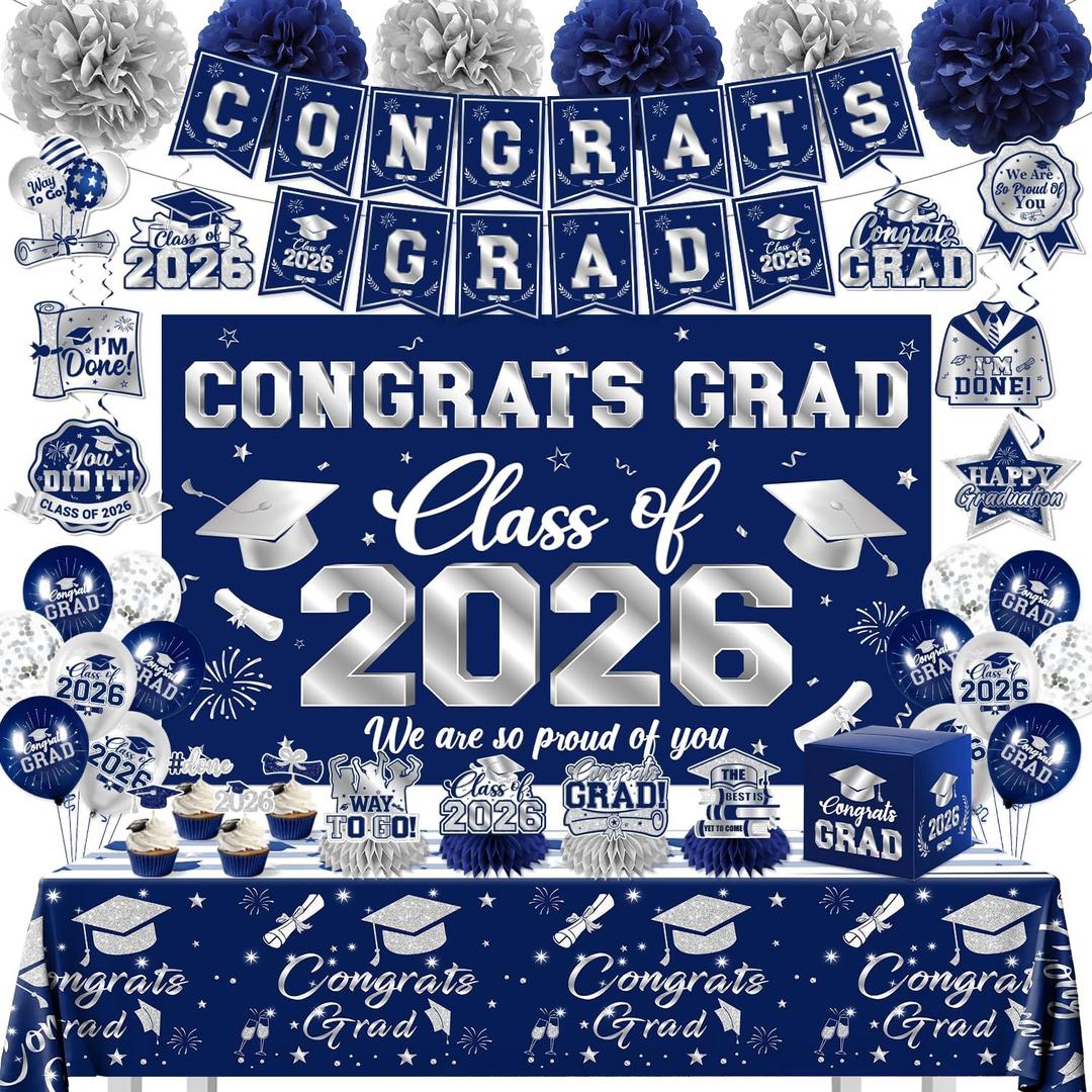 2026 Graduation Decorations Kit - Navy Blue Silver Class of 2026 Party Decor with Congrats Grad Banner Backdrop Hanging Swirls Paper Pompoms Balloons for High School College Graduation Party Supplies