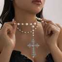 Y2K Goth Faith Cross Necklace with Faux Pearl Chain Double Layers Long Tassels Cross Pendant Necklace