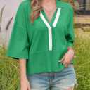 Saodimallsu Womens Short Sleeve Sweater Tops V Neck Collared Oversized Color Block Casual Summer Knit Polo Shirts (L)
