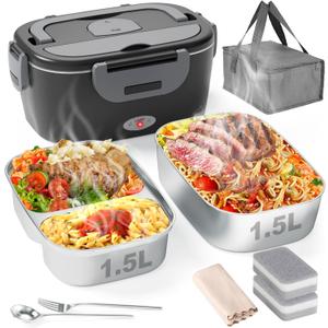 Electric Lunch Box for Men, Women & Adults - 80W Fast Heating - Heated Lunch Box with Dual 1.5L SS Containers - Portable Food Warmer for Car, Truck, Office (Black)