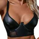 SHENHE Women's PU Leather Underwired Bra Contrast Mesh Hollow Out Longline Bra (Medium, Black)