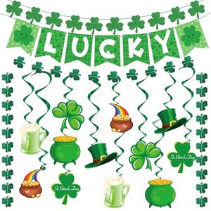 St Patricks Day Decorations, Pre-Assembled Lucky Banner with Shamrock Garland, Clover, Leprechaun Hat and Hanging Swirls, Irish Saint Patrick Day Party Decor & Supplies