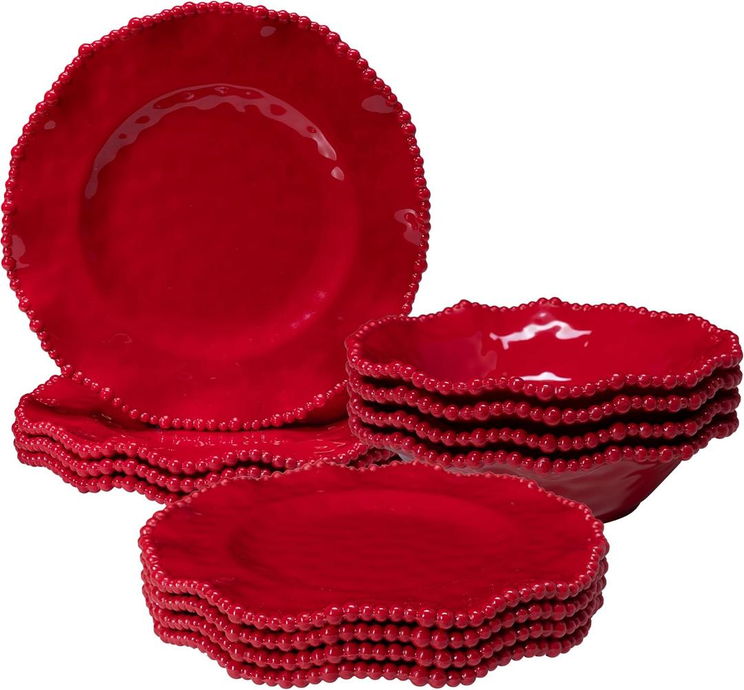 ZAROCRUS 12 pcs Christmas Holiday Melamine Dinnerware Set, Ruffled Rim With Beaded Plates and Bowls Set of 4, Lightweight yet Durable Dishes tableware Set, Ideal for parties, camping, and RV trips