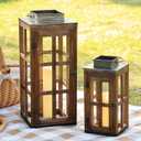 DECORKEY Large Farmhouse Wooden Metal Lantern Set of 2, 28''/20'' H Rustic Decorative Indoor & Outdoor Hanging Candle Lanterns, Wooden Outdoor Lanterns for Patio Front Porch Table, Dark Brown