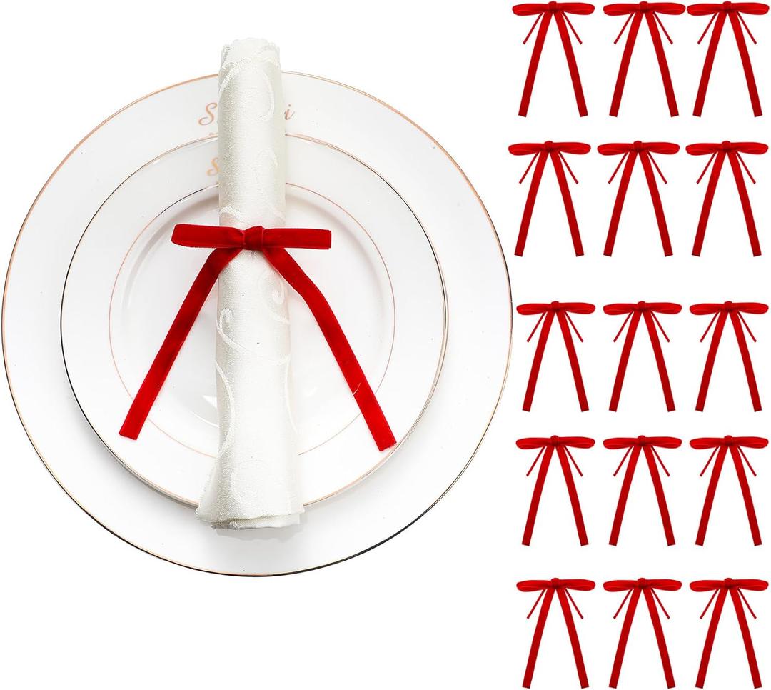 36 Pcs Red Velvet Bow Christmas Napkin Rings Bulk Velvet Burlap Bowknot Napkin Rings Holder Buckle for Holiday Winter Festive Banquet Wedding Anniversary Birthday Party Dinner Table Decoration