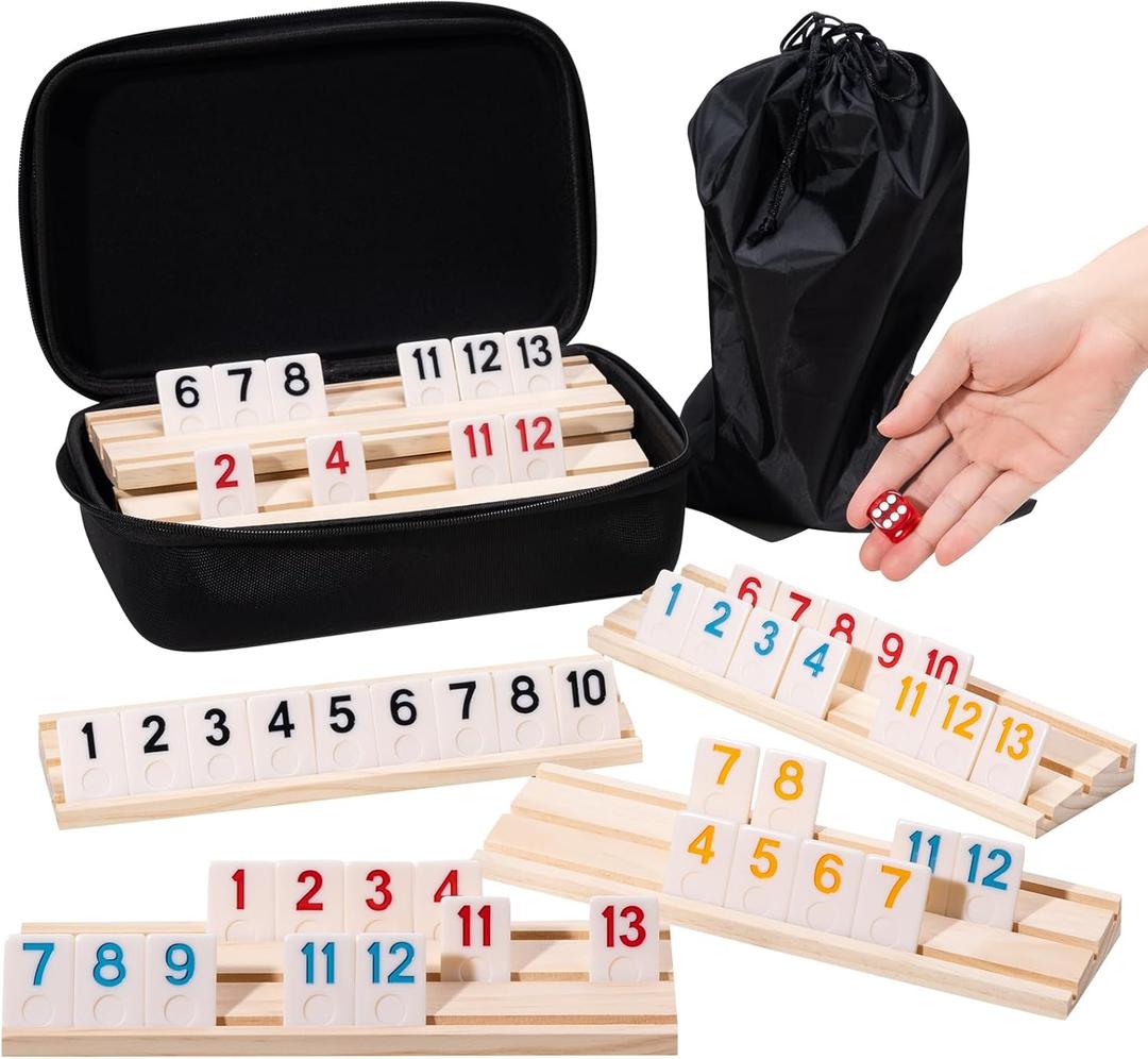 Rummy Cube Game Set for 6 Players with 6 Wooden Racks, 160 Numbers Rummy Tiles, Travel Case & Bag, Classic Tile Game for Family Adults Kids