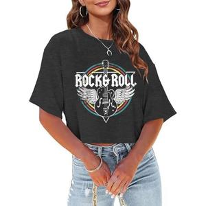 Women's Summer Cropped T Shirts Funny Rock and Roll Country Music Graphic Print tees Short Sleeve Casual Crop Tops L