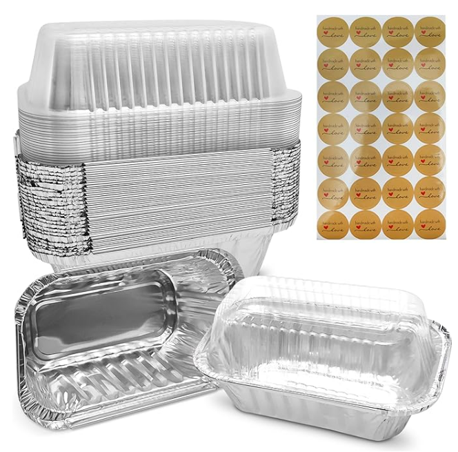 Mini Loaf Pans with Lids 50 Pack Small Aluminum Pans with Lids complete with Handmade with Love Stickers for Baking Bread, Fruit Cake, Banana Bread, Meat loaf and Baked Goods