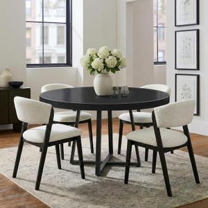 NUTIKAS 47 Inch Round Dining Table for 4, Modern Black Wood Grain Kitchen Table with Cross Metal Legs, Circular Industrial Dinner Table for Small Spaces, Breakfast Nook, Apartment, Office