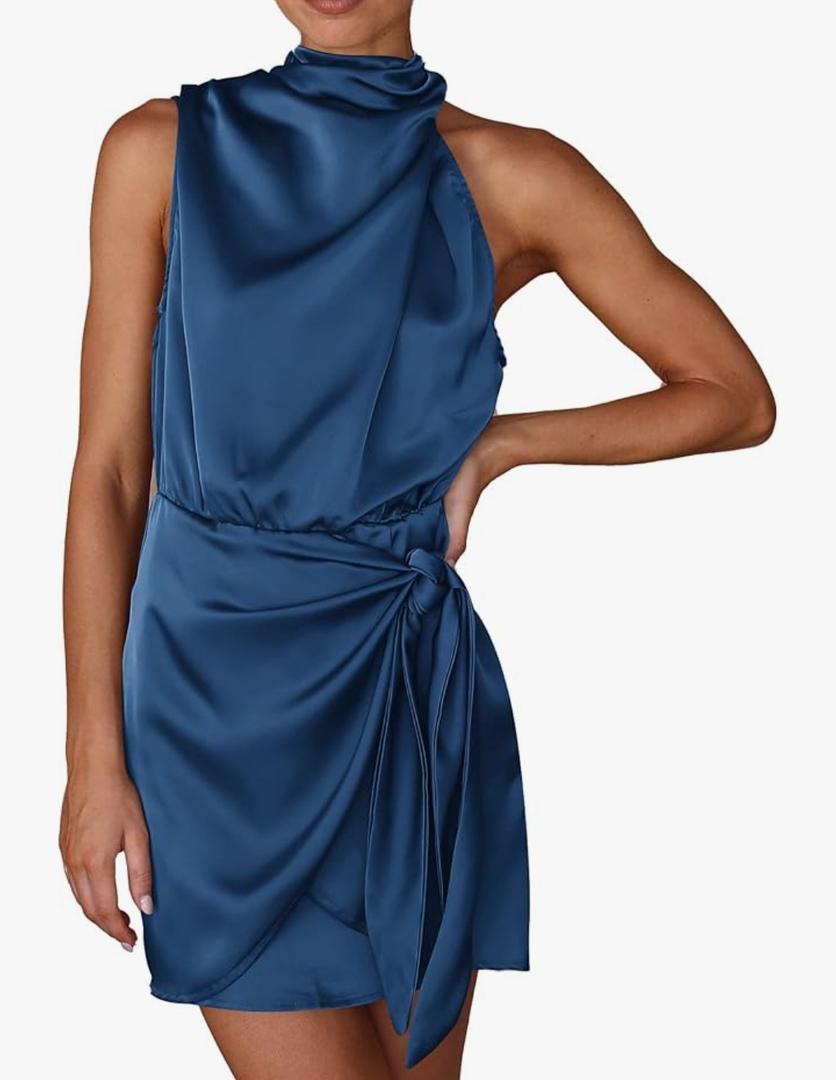 PRETTYGARDEN Women's Short Formal Satin Dress Summer Sleeveless Mock Neck Tie Waist Cocktail Party Dresses M