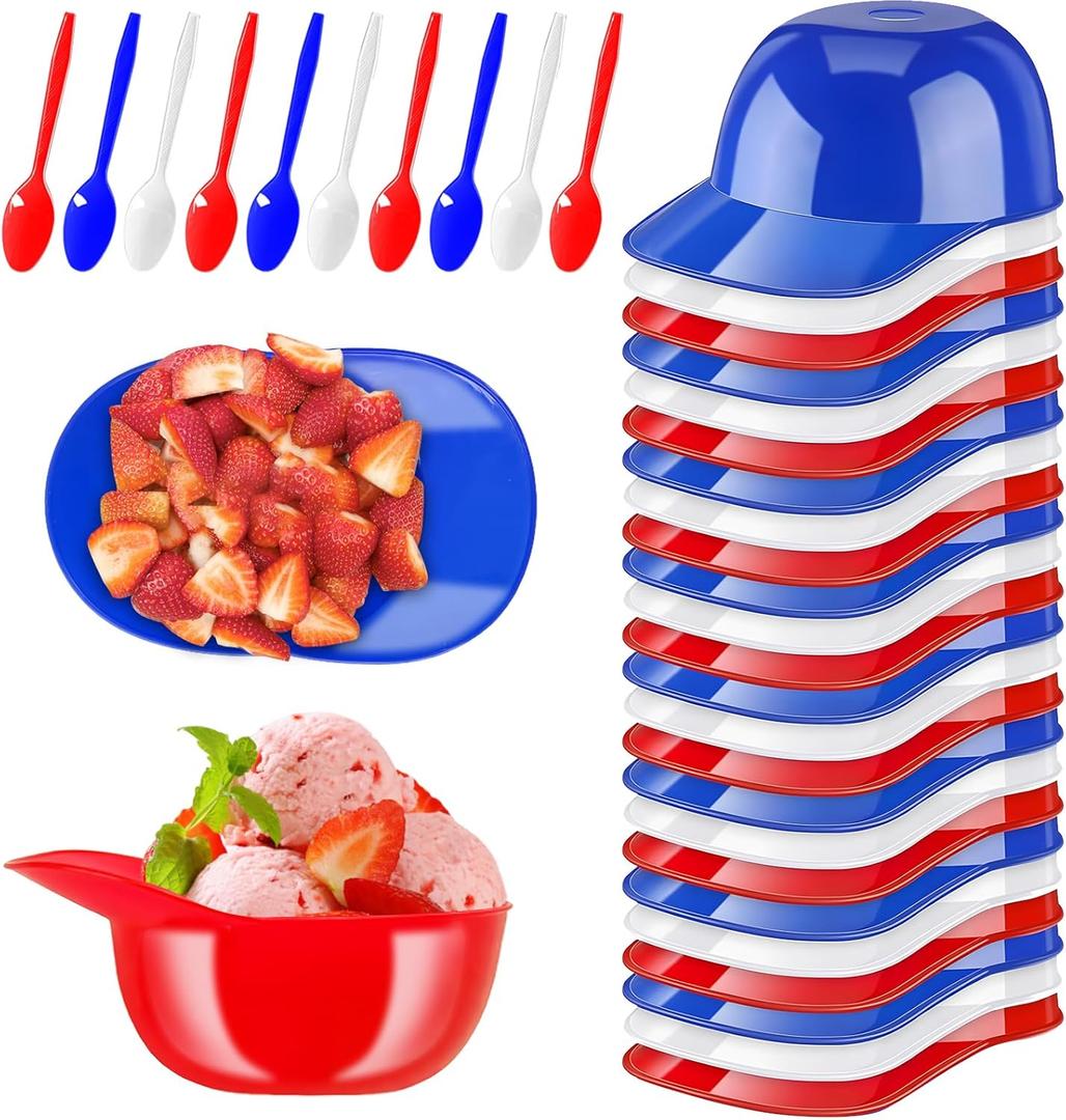 48 Pack Mini Ice Cream Dessert Baseball Cap Bowls,Party Snack Cups for Birthday Party Supplies(Red Blue and White)