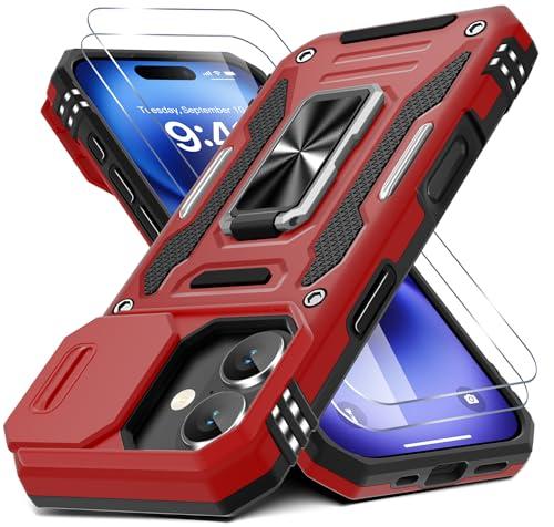 DEERLAMN Case for iPhone 17 6.3-Inch with Slide Camera Cover + Screen Protector (2 Packs), Rotated Ring Kickstand Military Grade Shockproof Protective Cover-Red