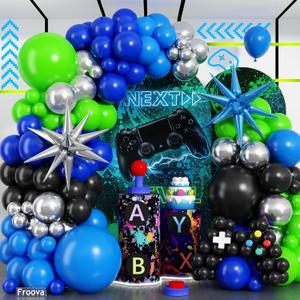 Video Game Balloon Arch Garland Kit, 125pcs Dark Blue and Green Black Silver Balloon with Royal Blue Silver Explosion Star Foil Balloons for Boys Gaming Night Birthday Baby Shower Party Decorations