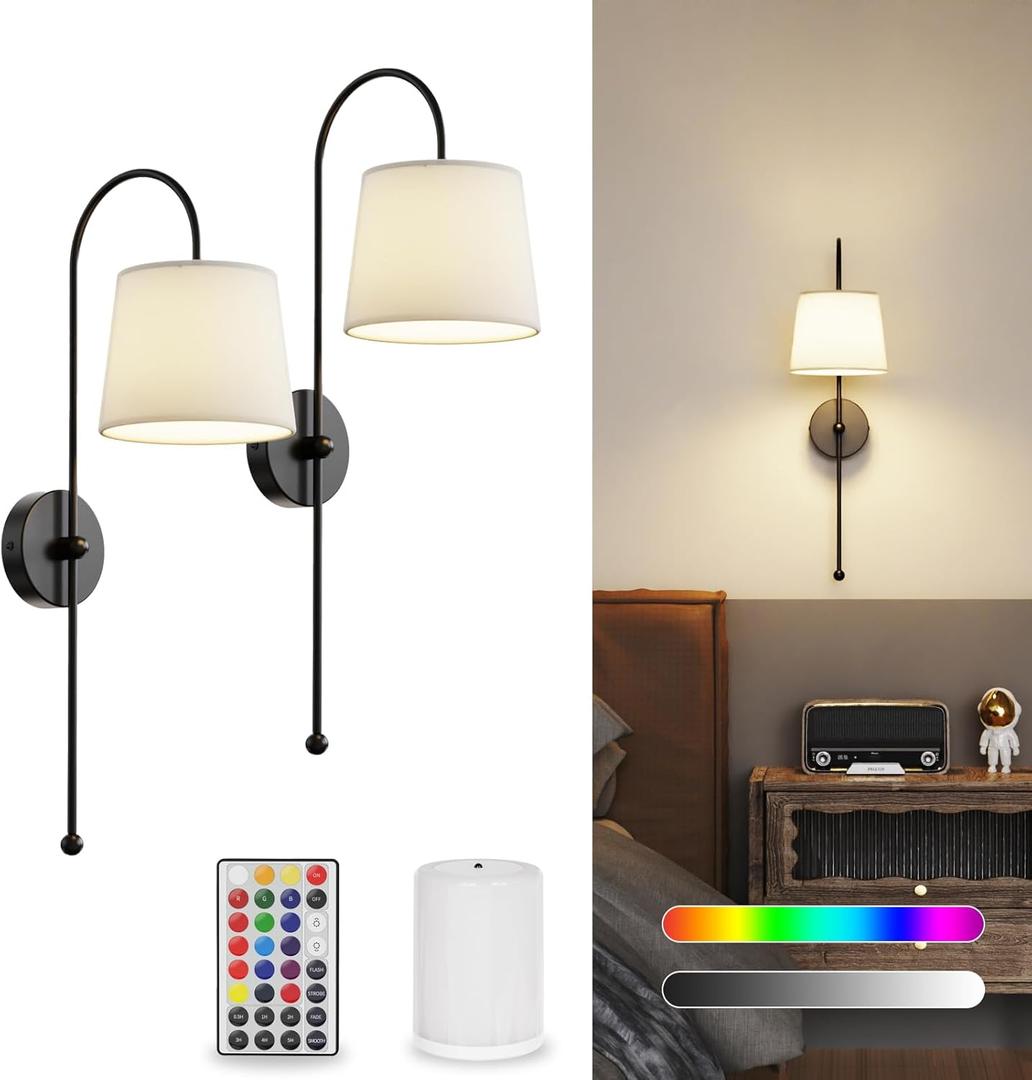 Wall Decor Sconces Set of Two Battery Operated, Rechargeable Wireless Wall Lights for Living Room Bedroom, 2 Battery Powered Wall Lamp with Magnetic Dimmable RGB Bulbs & Remote - Black