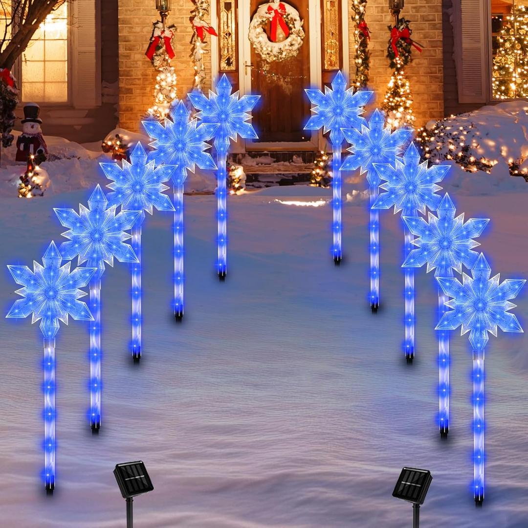 Snowflake Solar Christmas Pathway Lights, Set of 10 LED Outdoor Stake Lights, Waterproof Christmas Decorations for Garden, Yard, Lawn, Walkway, Patio Decor (10pcs Blue)