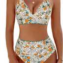 BMJL Women's Bikini Sets V Neck High Waisted Swimsuits Shell Stitched Cheeky Two Piece Bathing Suit (Green Floral, Large)