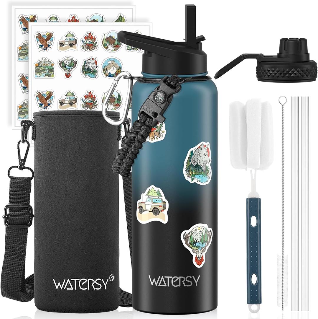 40oz Insulated Water Bottle (Cold for 48 Hrs),BPA Free & Leak Proof, Stainless Steel Water Flask, Water Jug with Straw Spout Lids for Gym, Hiking, Travel, Black Blue