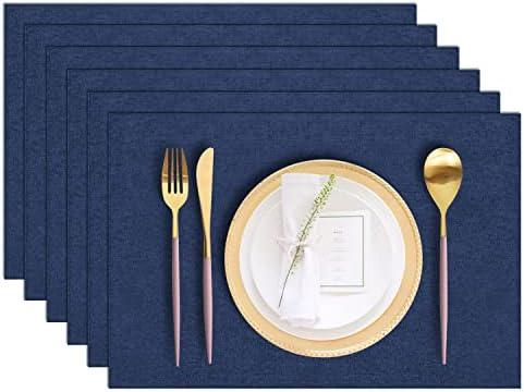 LANDVIEW Cloth Placemats Set of 6, Cotton Linen Blend Machine Washable Durable Linen Table Mats, Heat Resistant Placemats Wrinkle Free Place Mats for Dining Table, Easy to Clean (Navy Blue, 6)
