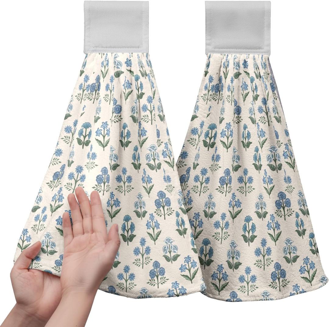 Blue Green Floral Summer Hanging Kitchen Towels Vintage Flowers Hand Towel with Hanging Loop Farmhouse Decorative Bath Tie Towels Soft Absorbent Fingertip Dish Cloth Set of 2