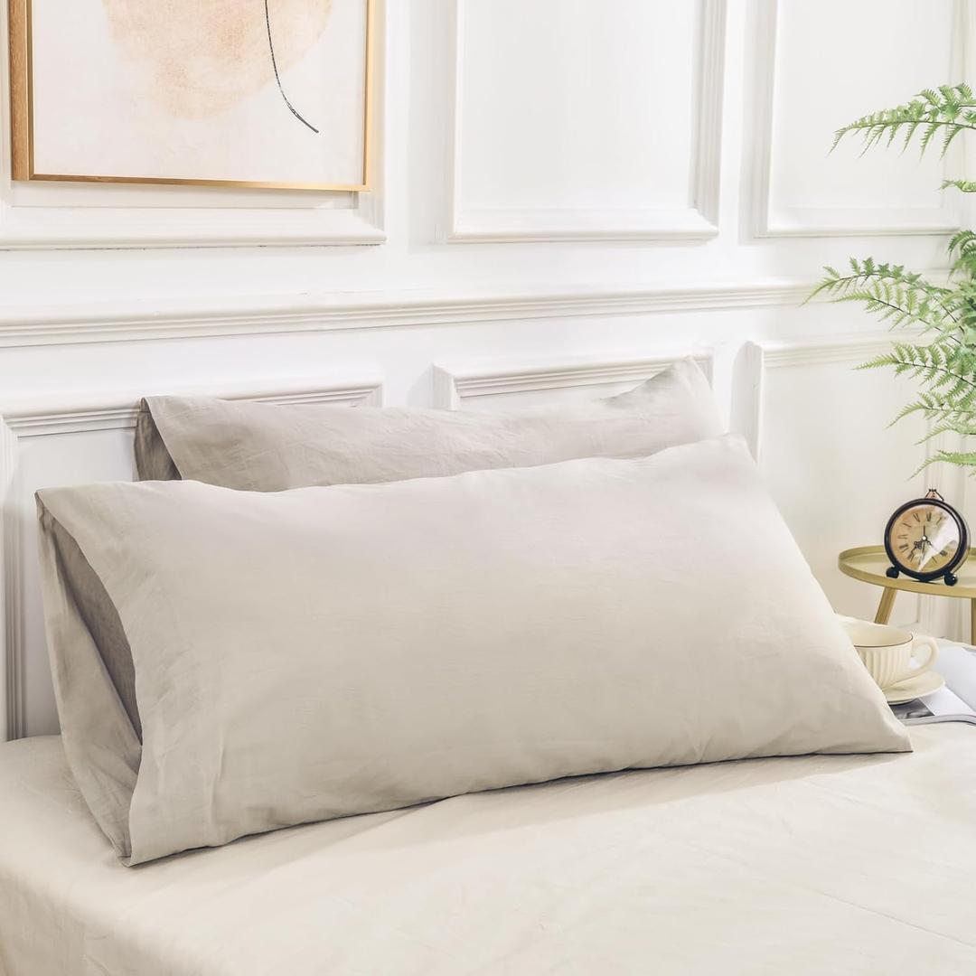 NEXHOME PRO 100% Organic Cotton Queen Pillowcases Set of 2, Envelope Closure Linen Feel Textured Natural, Soft and Durable, Premium Cooling Pillow Cases for Bed (20x30 inch, Linen)