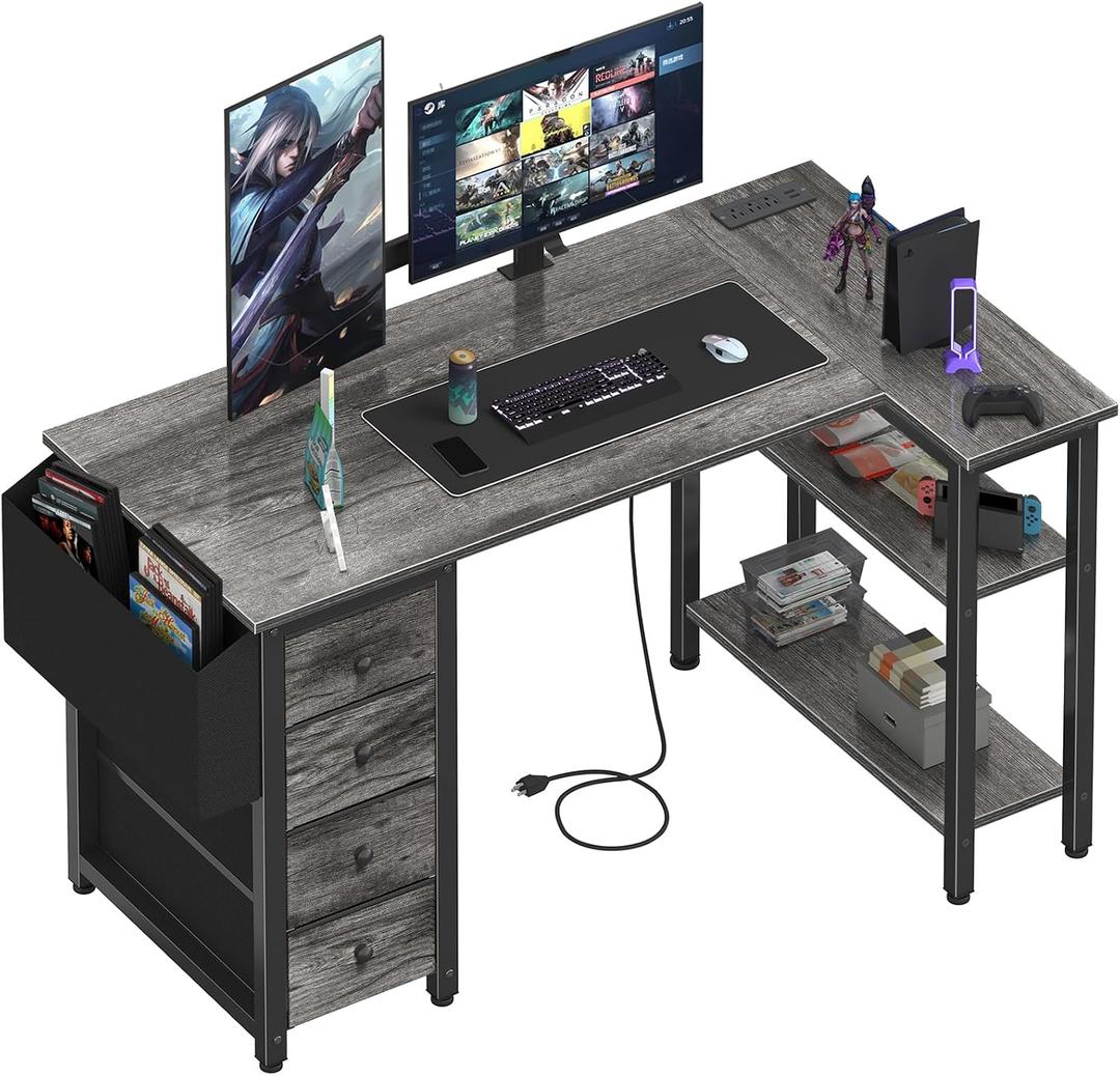 Lufeiya L Shaped Computer Desk with Drawers & Storage Shelves, 47 Inch Small Corner Desk with Power Outlet for Home Office Bedroom, L-Shaped Gaming PC Desks with Fabric Drawer, Gray, 47.2"