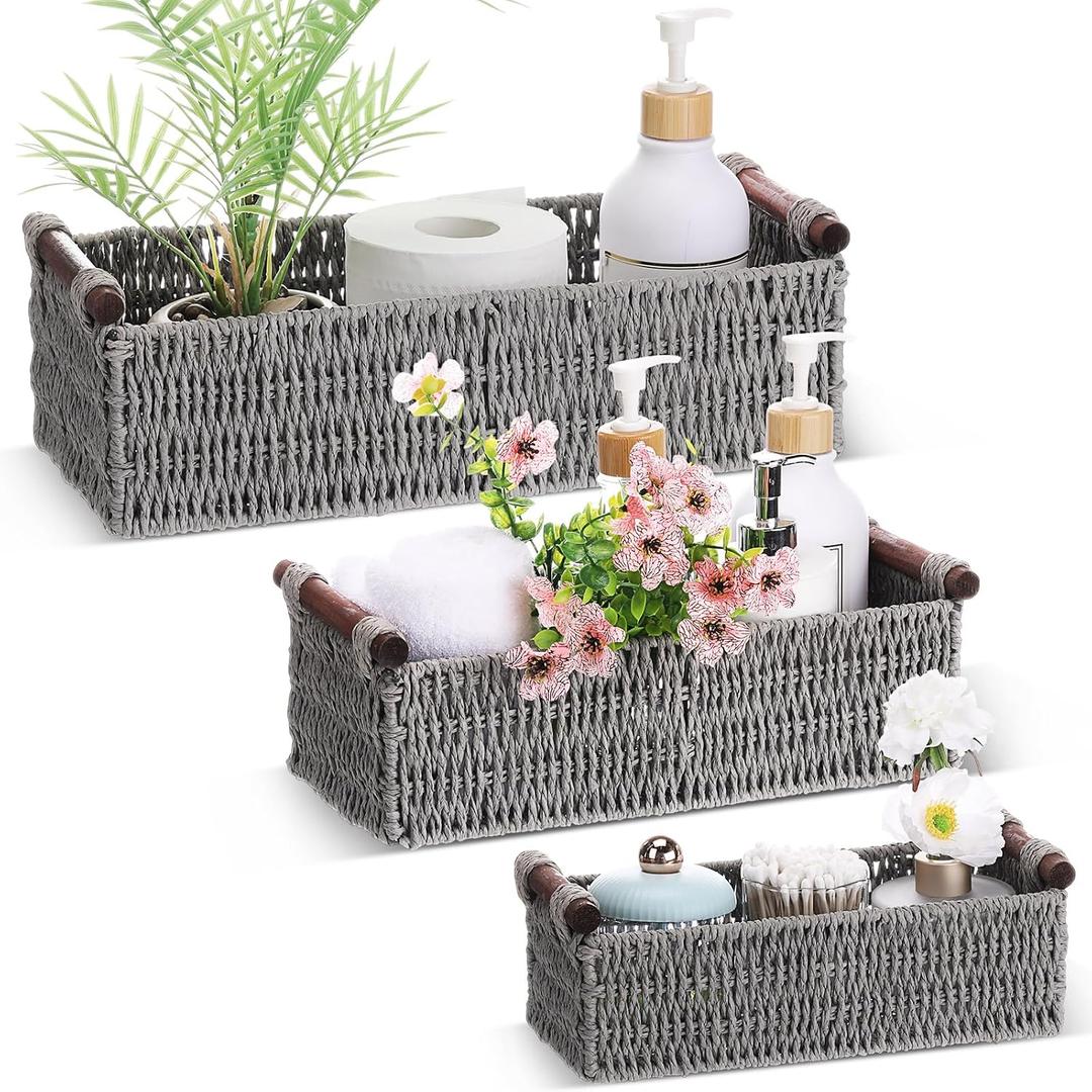 Boao 3 Pcs Boho Storage Wicker Baskets Handmade Woven Decorative Paper Rope Baskets for Organizing with Handle Countertop Toilet Paper Storage Container for Toilet Tank Top (Grey, Rectangle)