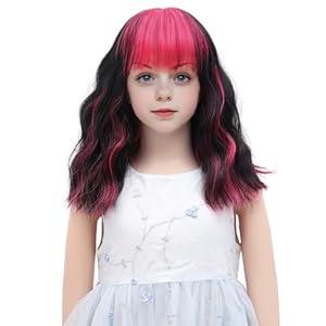 VERNA Black and Pink Kids Wig with Bangs,Kids Wig Girls Child Short Synthetic Wavy Hair for Cosplay Halloween Party Costume(12 Inches,Black and Pink)