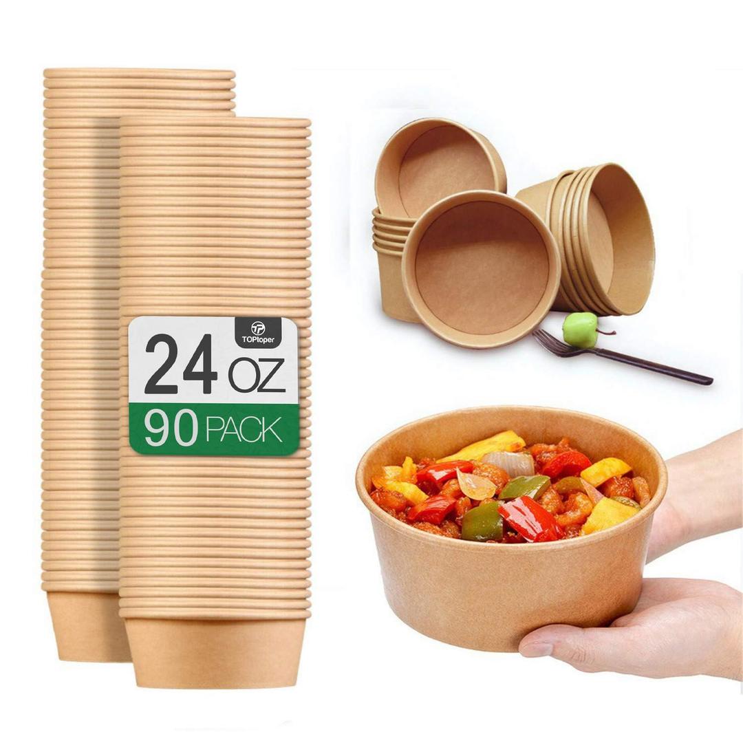 TOPtoper 24 Oz Large Paper Bowls WITHOUT LIDS 90 Pack Disposable Soup Bowls Plastic Free Party Supplies for Hot/Cold Food, Soup (24 OZ)