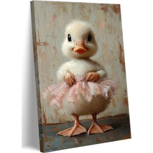 Framed Pink Ballet Skirt White Duck Canvas Wall Art Cute Duck Picture Wall Decor Funny Animals Poster Print for Kids Room Nursery Little Girl's Room Painting Artwork Home Decoration Ready to Hang, 16" x 24"