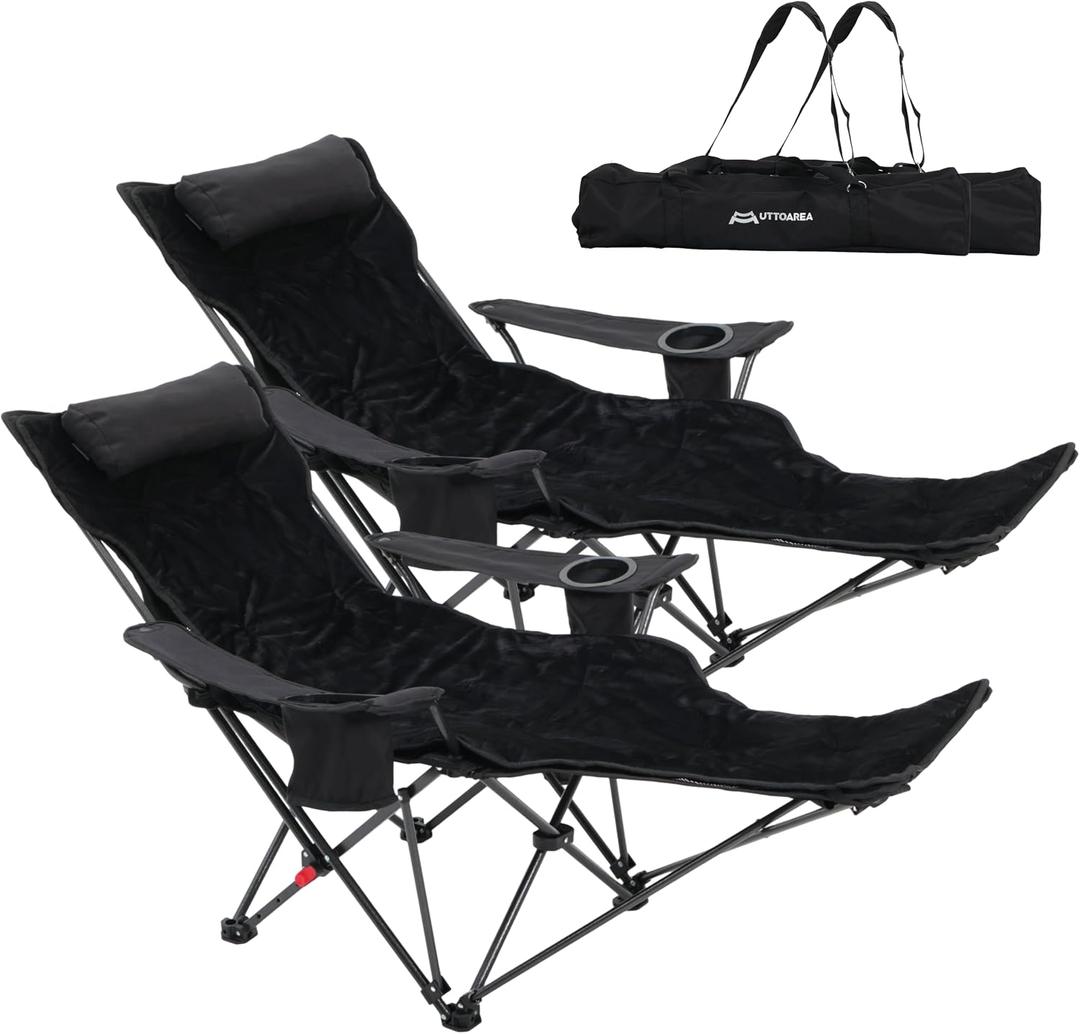 Portable Reclining Camping/Lounge Chair for Outdoor (2, Black) | Soft Cushion, 4-Position Backrest, Removable Footrest, Cup Holder & Versatile Carry Bag