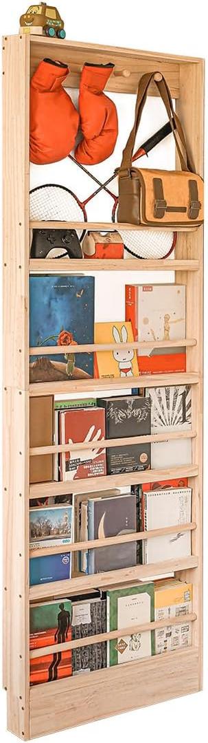 Wooden Kids Bookshelf, Wall Mount Shelf with Hooks, Organizer for Toys and Books, Space-Saving