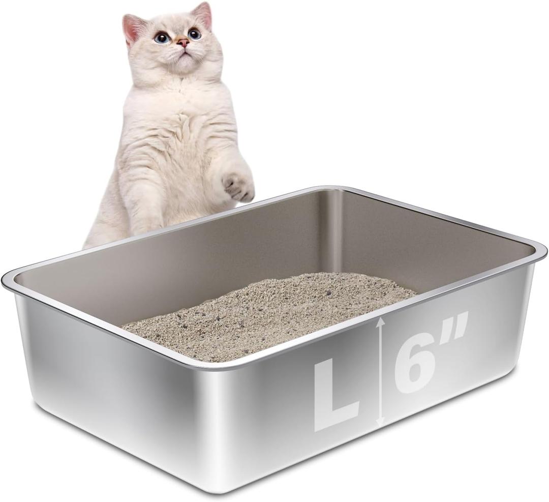 Stainless Steel Litter Box, 20"x14"x6" Large Metal Cat Litter Box, Easy to Clean, Non Stick No Smell,Steel Litterbox for Adult Cats/Kitty