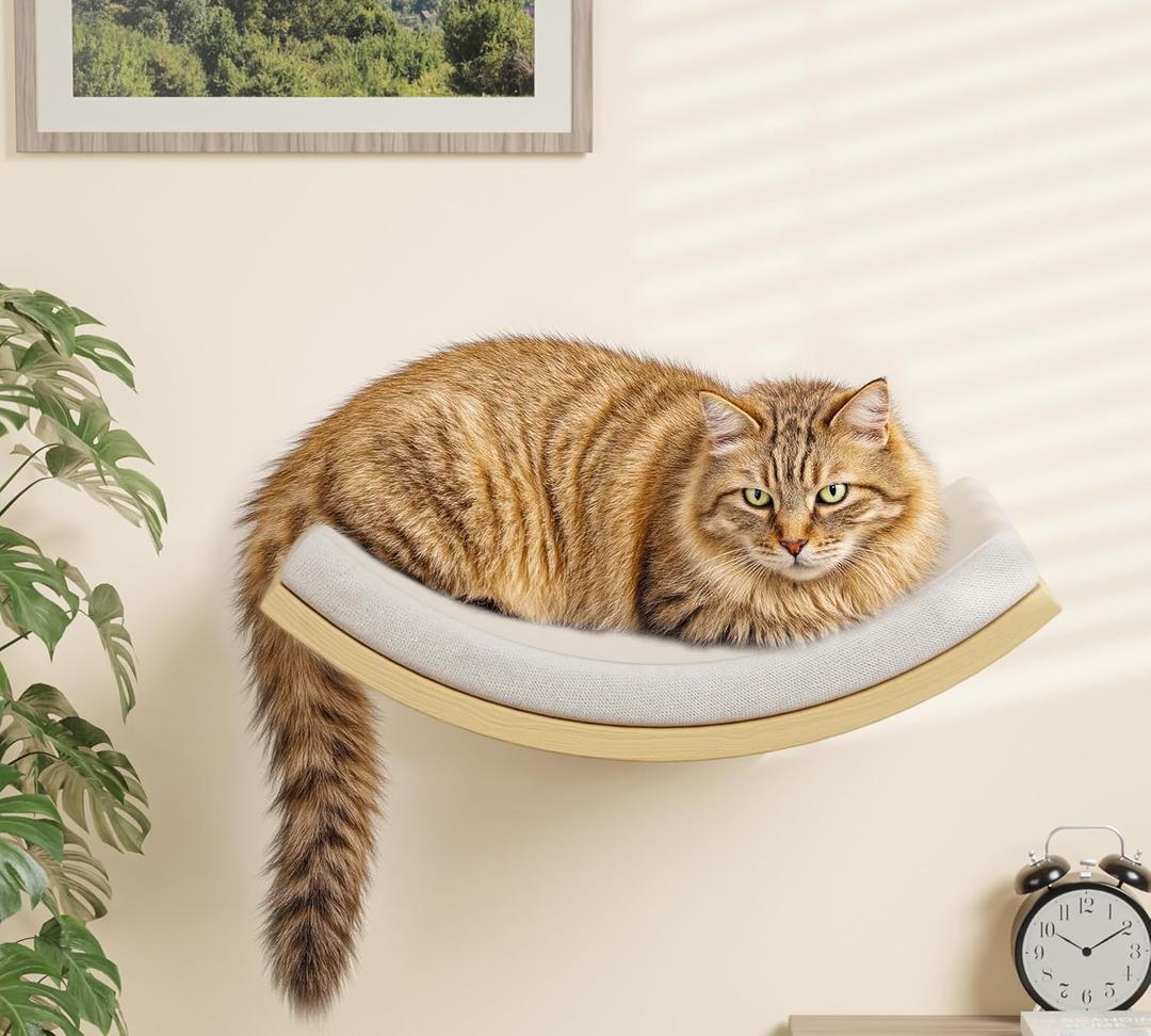 Cat Wall Shelf with Curved Hammock Bed, Wall Mounted Cat Perch with Beige Soft Foam Cushion, Floating Wall Furniture for Climbing, Sleeping & Lounging (Foam/Felt-Wood)
