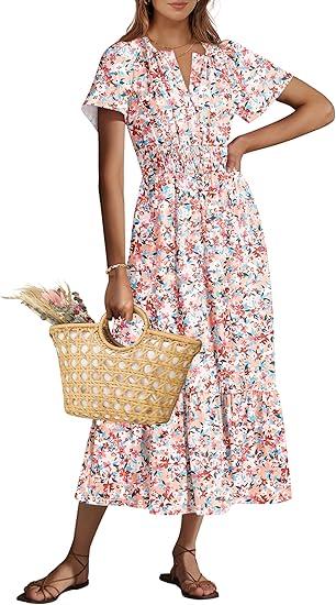 ANRABESS Women's Summer Short Sleeve Maxi Dress 2025 Casual V Neck High Waist A-Line Flowy Loose Tiered Boho Long Dresses (Medium, Deep Pink Floral)