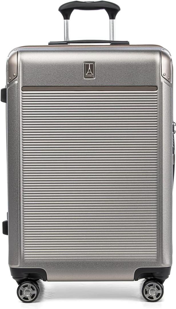 Travelpro Platinum Elite Hardside Expandable Checked Luggage, 8 Wheel Spinner, TSA Lock, Hard Shell Polycarbonate Suitcase, Metallic Sand, Checked Medium 25-Inch