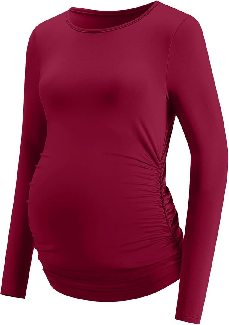 LOMON Maternity Shirts Long Sleeve Thermal Tops Side Ruched Casual Tshirt Crewneck Fleece Base Layer for Pregnant Women (XL)