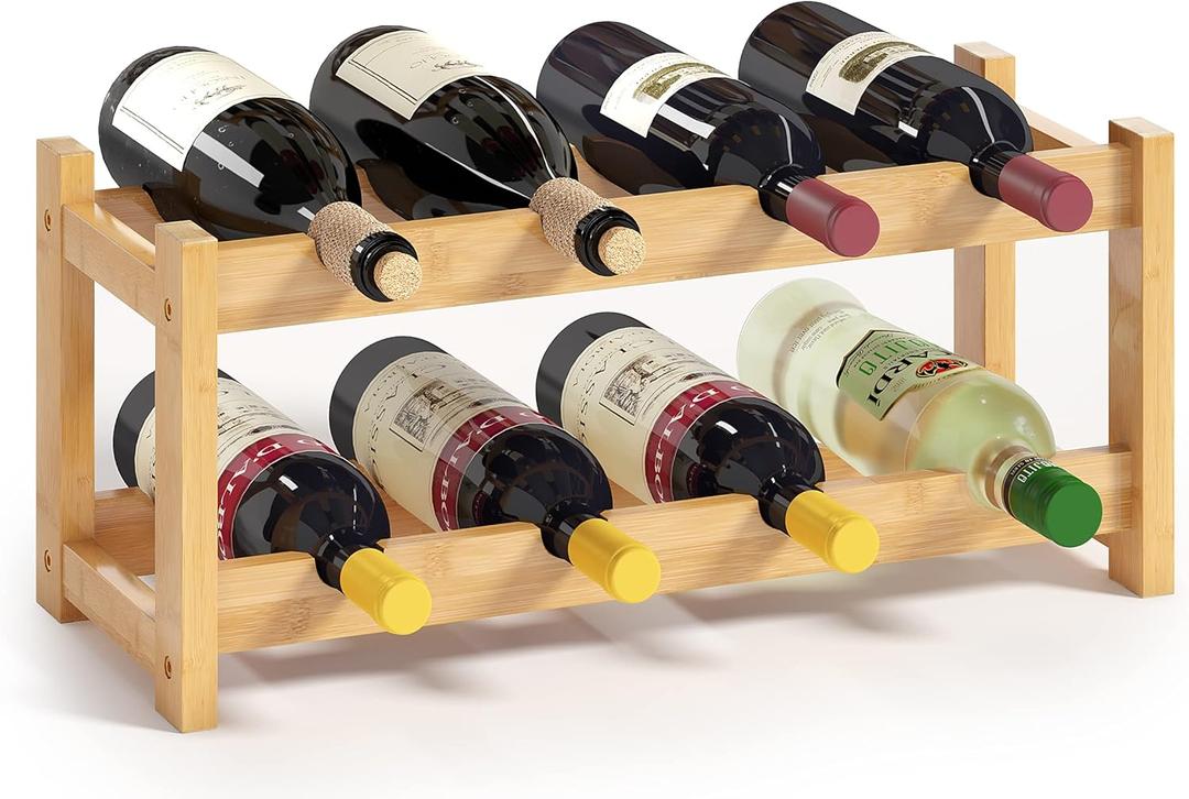 BAMEOS Rack Freestanding 8 Bottle 2 Tier Bamboo Racks Countertop Cabinet Holder Storage Shelf for Kitchen, Bar, Pantry, Cellar, Basement, Countertop (16.85 L x 9.25W x 7H)