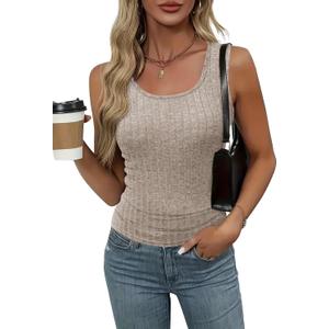 Womens Tank Tops Crewneck Sleeveless Summer Sweaters Vest Casual Basic Tees Ribbed Shirts (Beige, M)