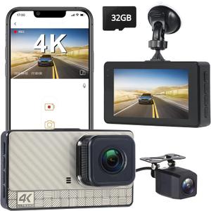 4K Front Dash Cam & 2K Rear Full HD Dash Camera for Cars, Included 32GB Card, 170 Wide Angle, Built-in Wi-Fi, 3" IPS Screen, Night Vision, WDR/HDR, 24hr Parking Monitor