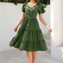 Women Summer Dress 2025 Short Sleeve V Neck Midi Dresses Breathable Cotton Casual Boho Beach Vacation Sundress (Green, S)